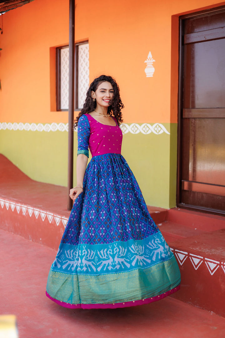 Bhumika Blue Ikkat Print Gown | Shobitam Custom Gowns |