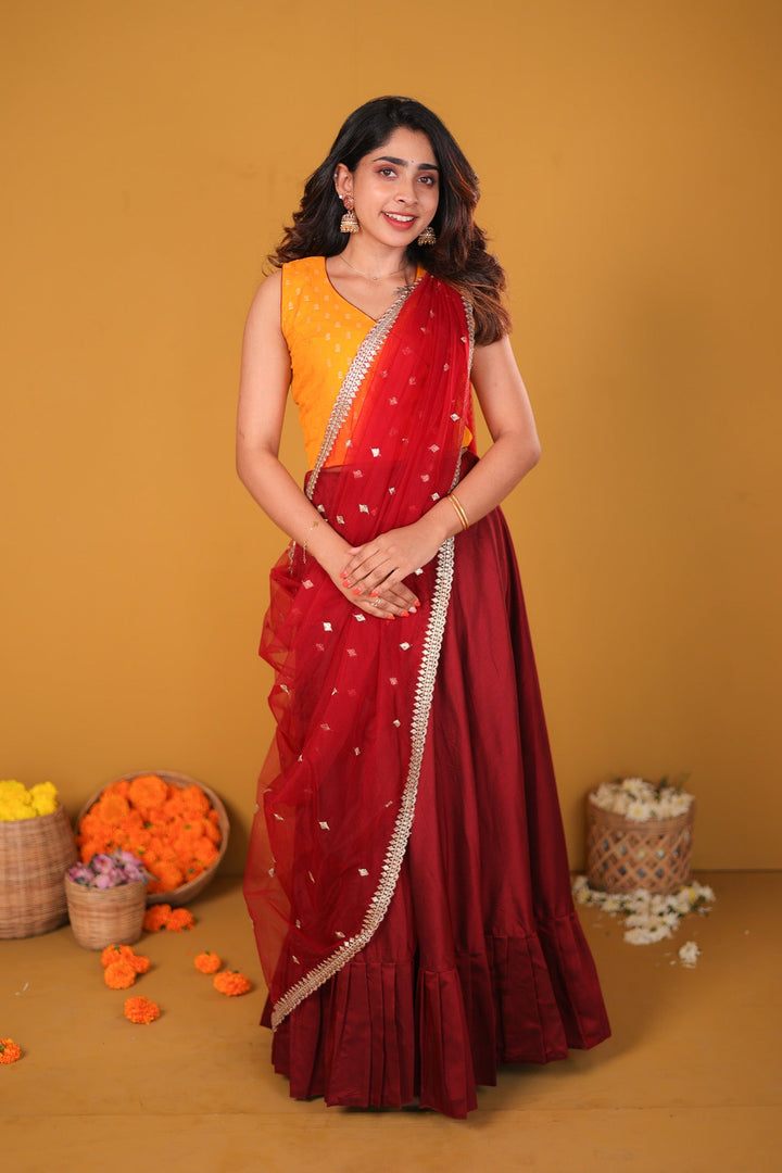 Vandana Mustard & Maroon 3 Piece Skirt, Crop Top and Dupatta Set | Made To Order