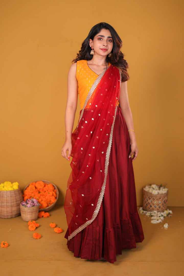 Vandana Mustard & Maroon 3 Piece Skirt, Crop Top and Dupatta Set | Made To Order
