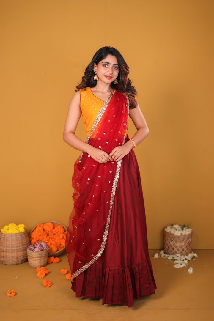 Vandana Mustard & Maroon 3 Piece Skirt, Crop Top and Dupatta Set | Made To Order