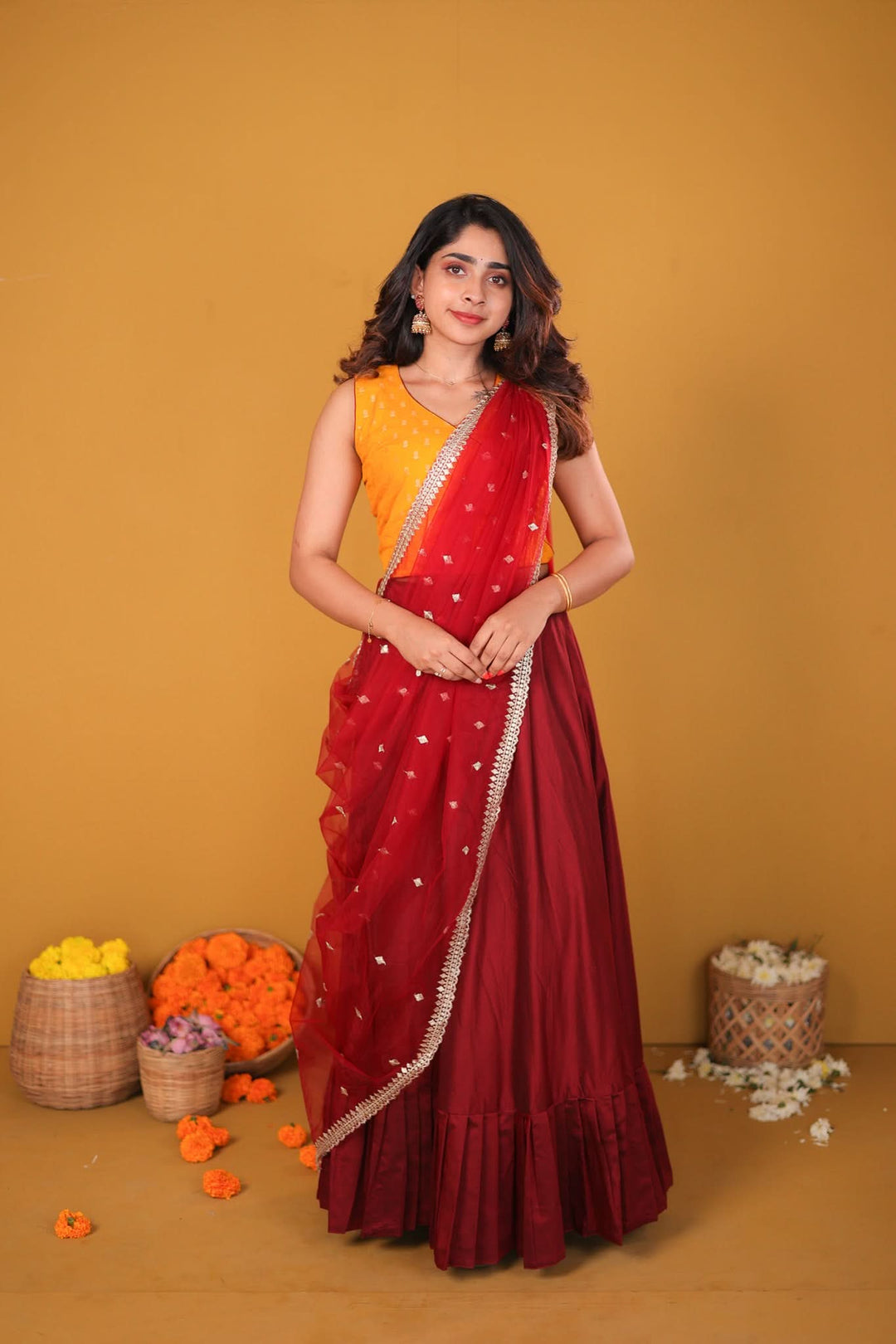 Vandana Mustard & Maroon 3 Piece Skirt, Crop Top and Dupatta Set | Made To Order