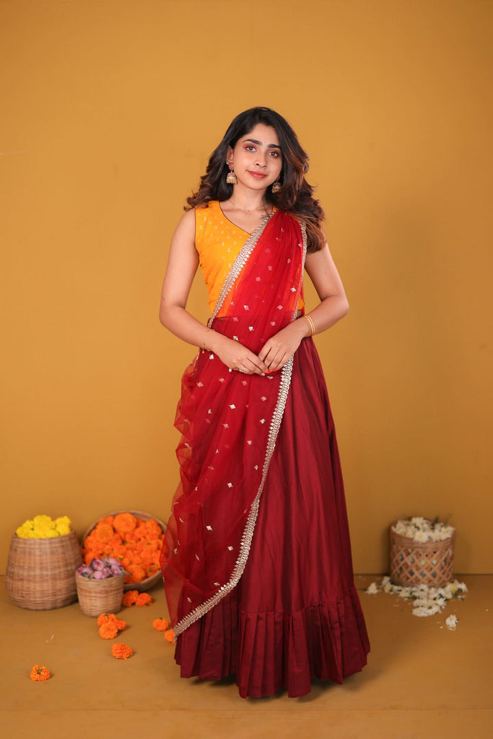 Vandana Mustard & Maroon 3 Piece Skirt, Crop Top and Dupatta Set | Made To Order