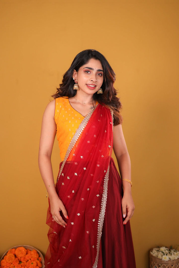 Vandana Mustard & Maroon 3 Piece Skirt, Crop Top and Dupatta Set | Made To Order