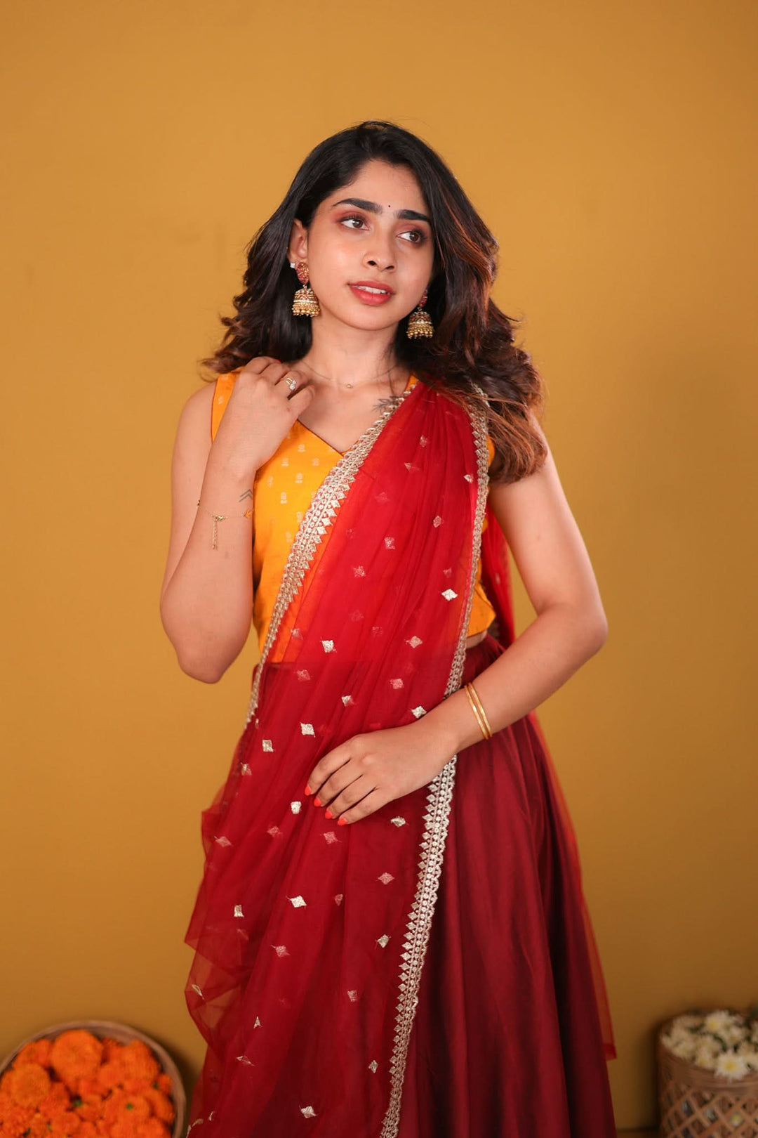 Vandana Mustard & Maroon 3 Piece Skirt, Crop Top and Dupatta Set | Made To Order