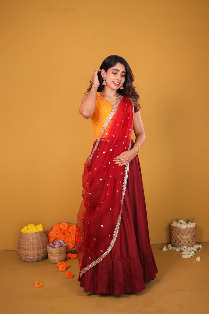 Vandana Mustard & Maroon 3 Piece Skirt, Crop Top and Dupatta Set | Made To Order