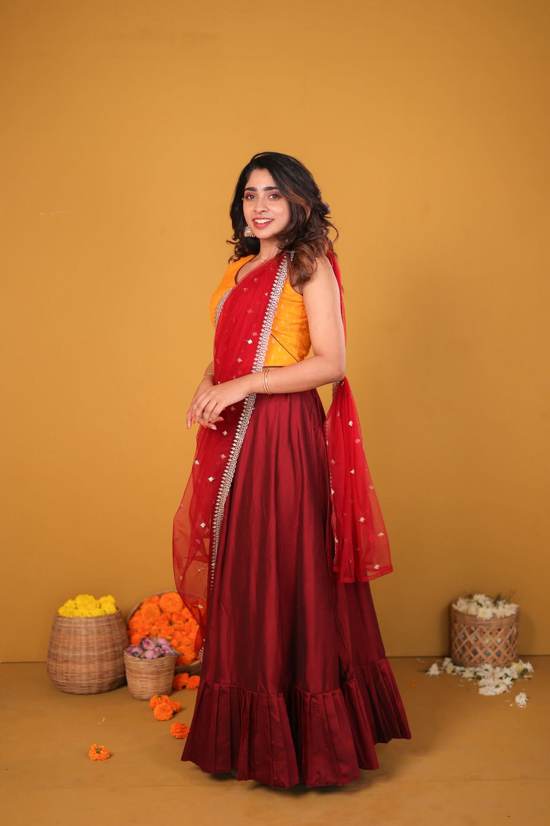 Vandana Mustard & Maroon 3 Piece Skirt, Crop Top and Dupatta Set | Made To Order