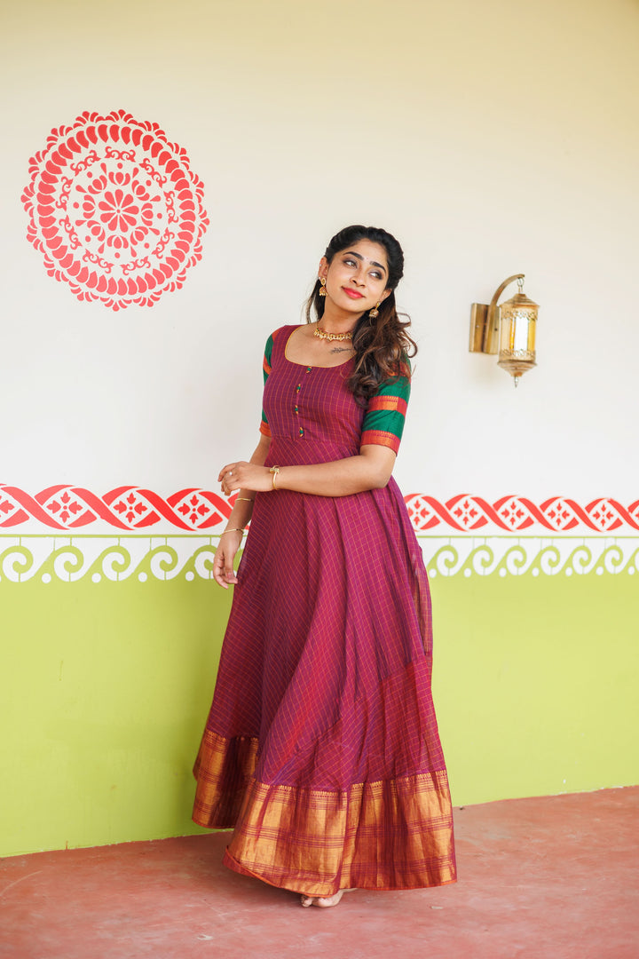 Magenta narayanpet cotton Dress with Wide Zari Border and checkered Sleeves | Shobitam Custom Gowns | Made To Order
