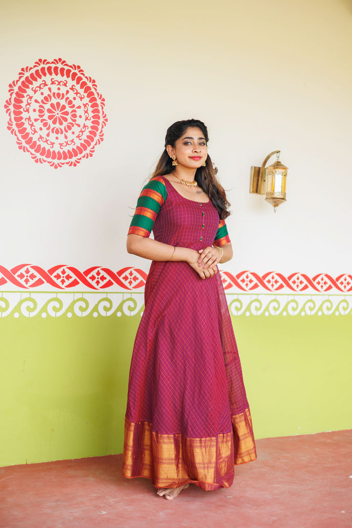 Magenta narayanpet cotton Dress with Wide Zari Border and checkered Sleeves | Shobitam Custom Gowns | Made To Order