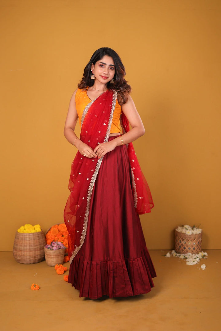 Vandana Mustard & Maroon 3 Piece Skirt, Crop Top and Dupatta Set | Made To Order