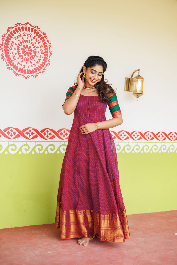 Magenta narayanpet cotton Dress with Wide Zari Border and checkered Sleeves | Shobitam Custom Gowns | Made To Order