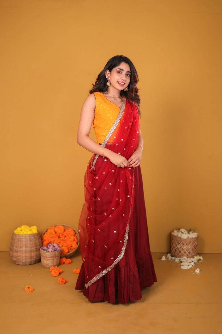 Vandana Mustard & Maroon 3 Piece Skirt, Crop Top and Dupatta Set | Made To Order