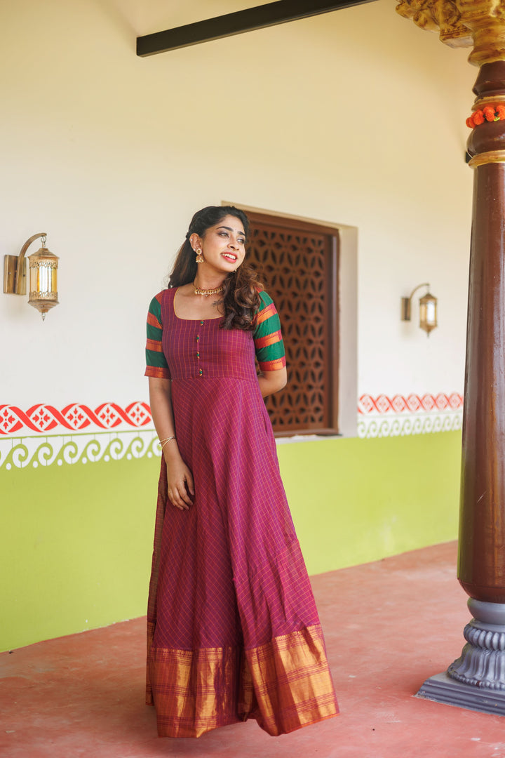 Magenta narayanpet cotton Dress with Wide Zari Border and checkered Sleeves | Shobitam Custom Gowns | Made To Order