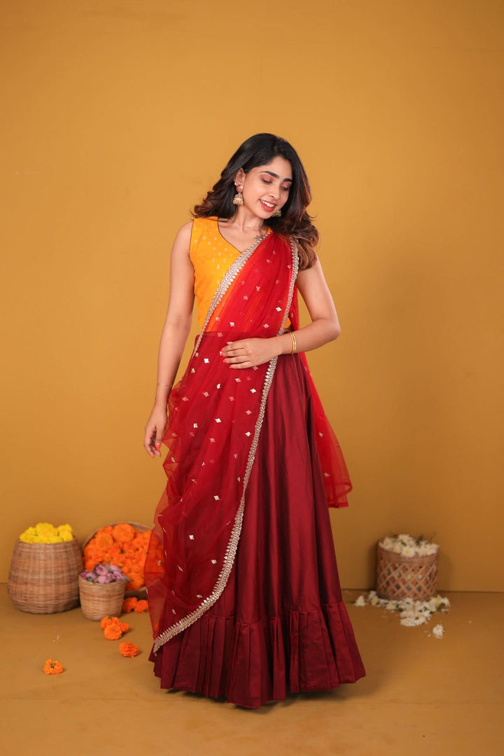 Vandana Mustard & Maroon 3 Piece Skirt, Crop Top and Dupatta Set | Made To Order