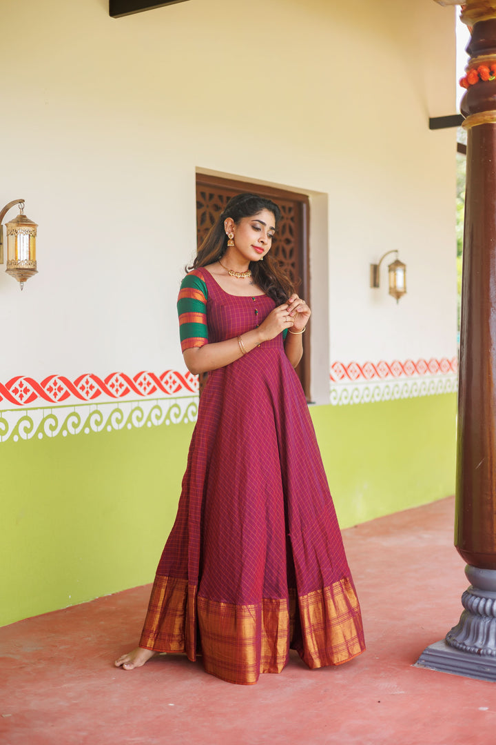 Magenta narayanpet cotton Dress with Wide Zari Border and checkered Sleeves | Shobitam Custom Gowns | Made To Order