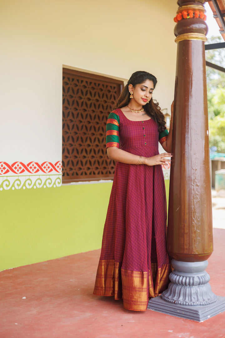 Magenta narayanpet cotton Dress with Wide Zari Border and checkered Sleeves | Shobitam Custom Gowns | Made To Order