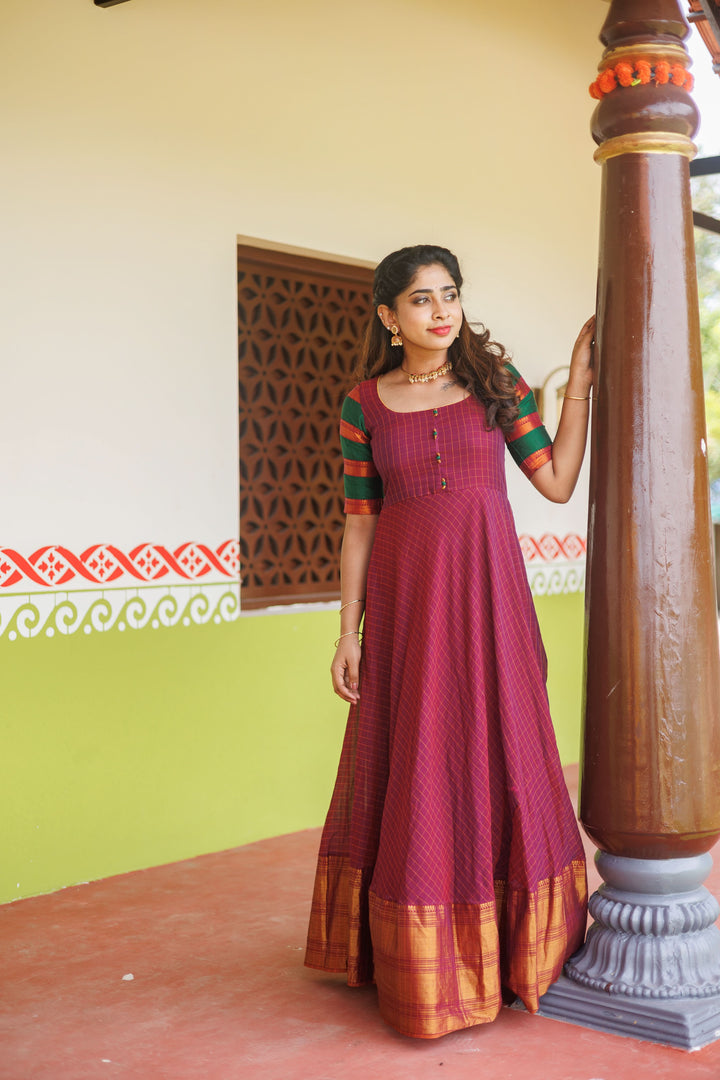 Magenta narayanpet cotton Dress with Wide Zari Border and checkered Sleeves | Shobitam Custom Gowns | Made To Order