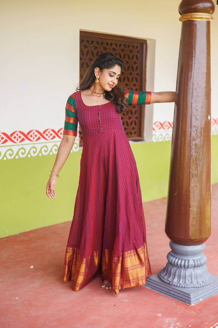Magenta narayanpet cotton Dress with Wide Zari Border and checkered Sleeves | Shobitam Custom Gowns | Made To Order