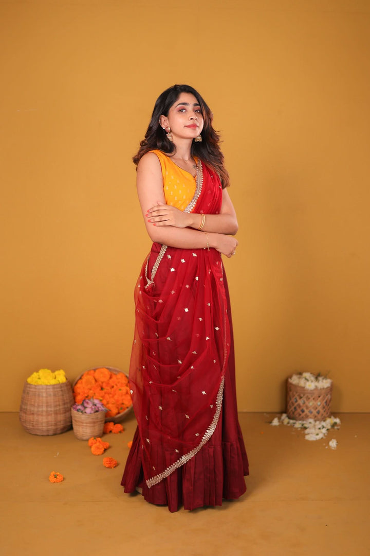 Vandana Mustard & Maroon 3 Piece Skirt, Crop Top and Dupatta Set | Made To Order