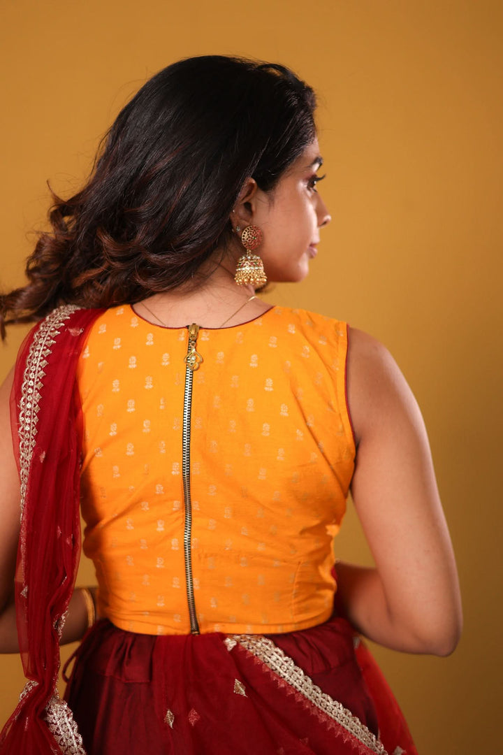 Vandana Mustard & Maroon 3 Piece Skirt, Crop Top and Dupatta Set | Made To Order