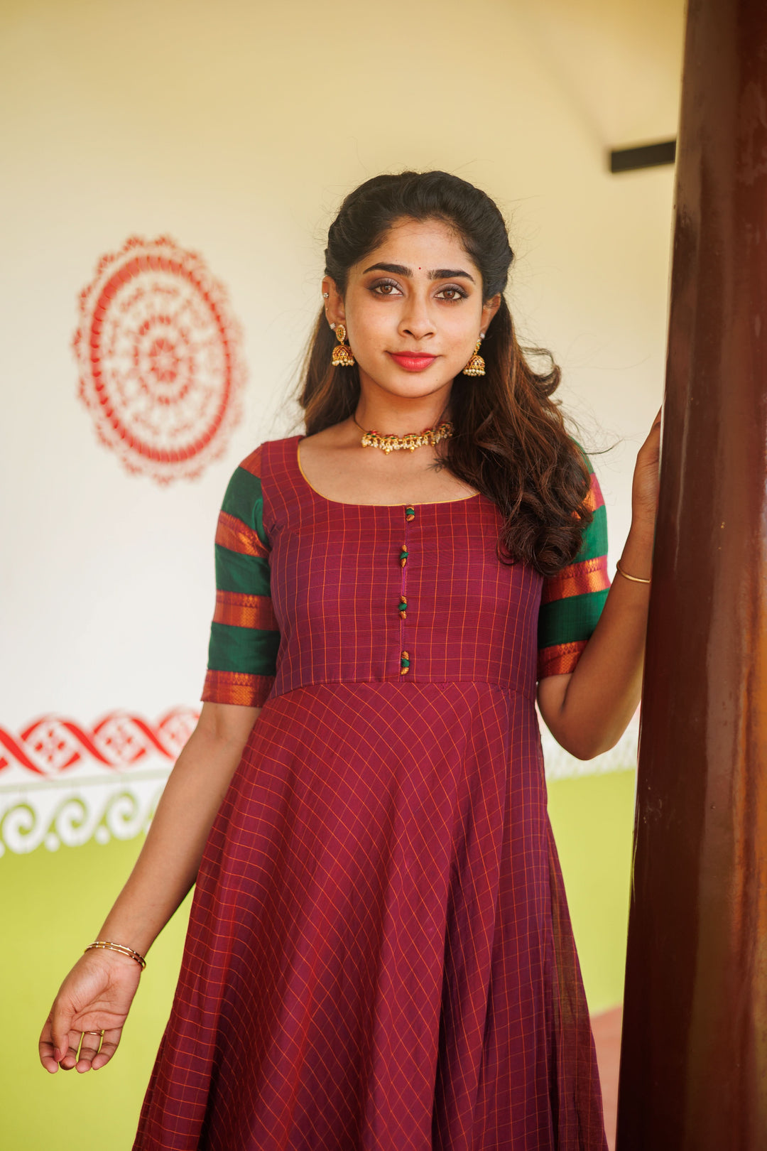 Magenta narayanpet cotton Dress with Wide Zari Border and checkered Sleeves | Shobitam Custom Gowns | Made To Order