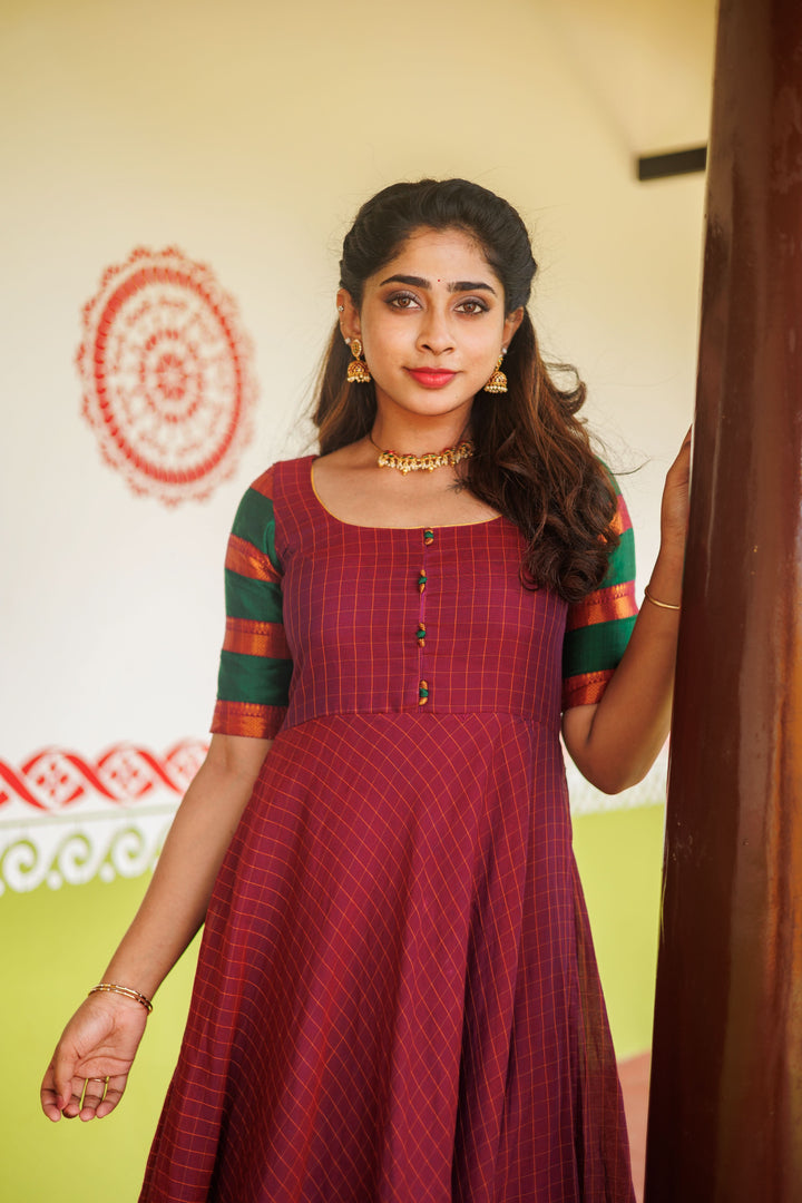 Magenta narayanpet cotton Dress with Wide Zari Border and checkered Sleeves | Shobitam Custom Gowns | Made To Order