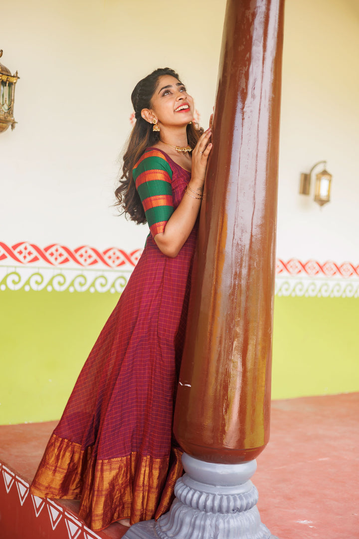 Magenta narayanpet cotton Dress with Wide Zari Border and checkered Sleeves | Shobitam Custom Gowns | Made To Order