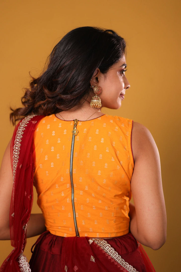 Vandana Mustard & Maroon 3 Piece Skirt, Crop Top and Dupatta Set | Made To Order
