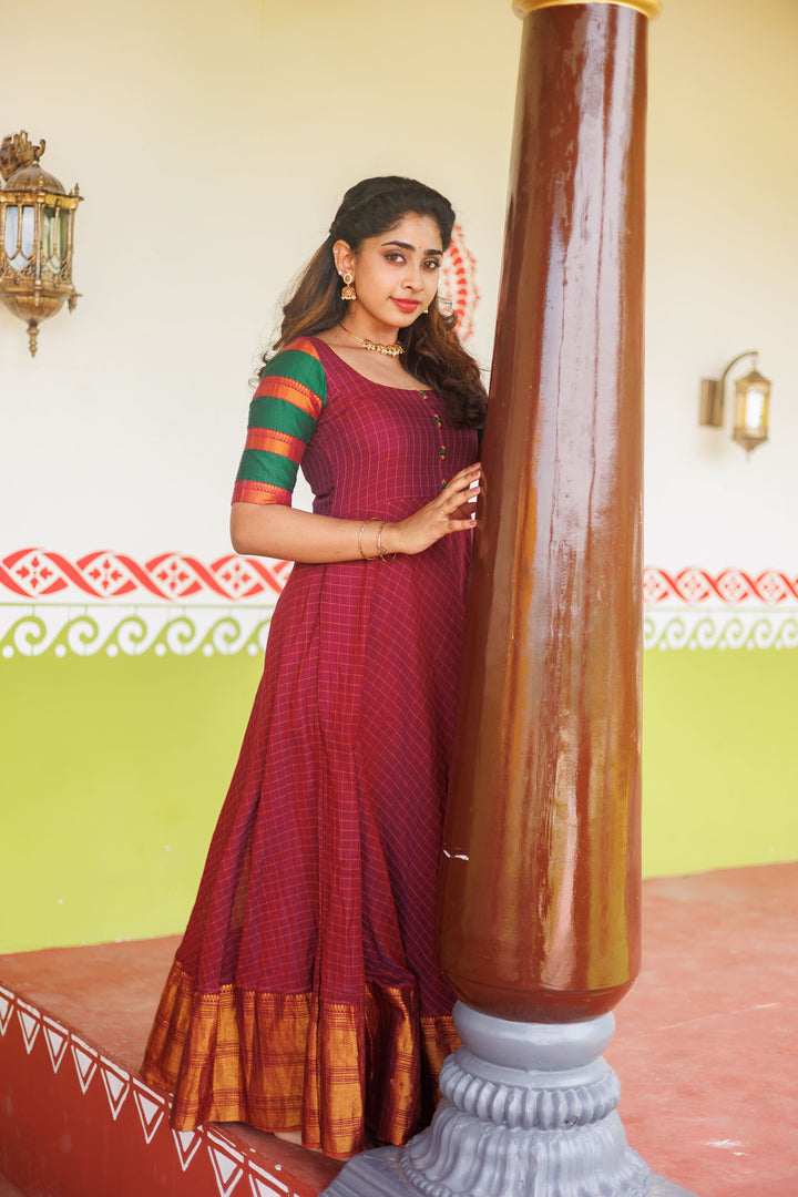 Magenta narayanpet cotton Dress with Wide Zari Border and checkered Sleeves | Shobitam Custom Gowns | Made To Order