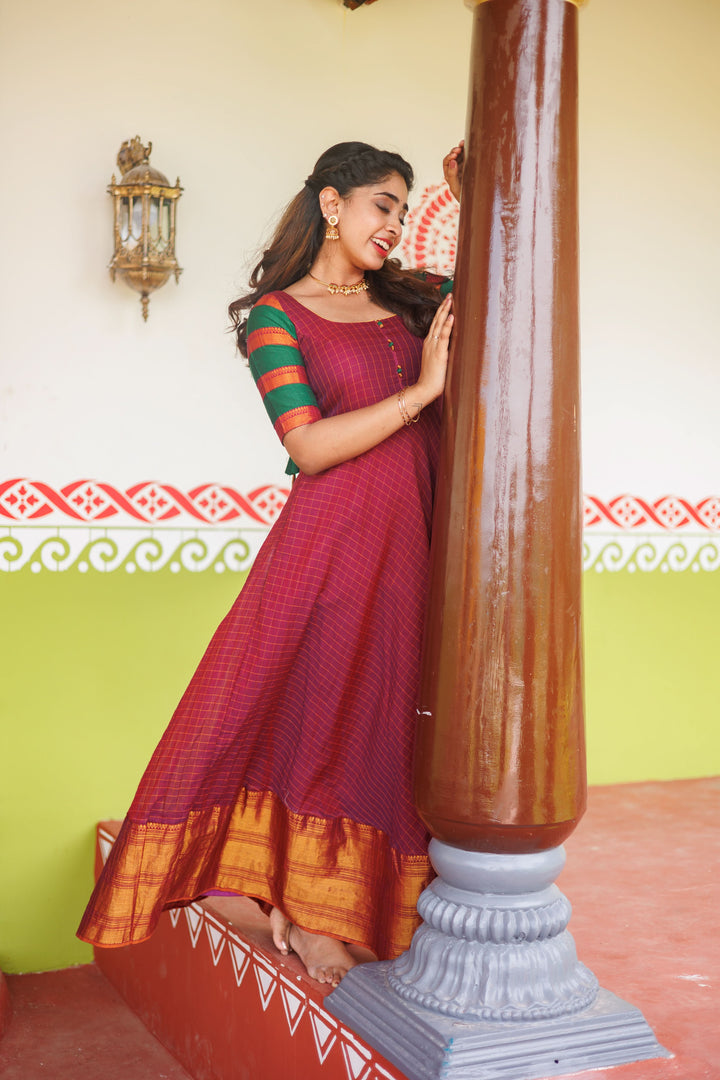Magenta narayanpet cotton Dress with Wide Zari Border and checkered Sleeves | Shobitam Custom Gowns | Made To Order