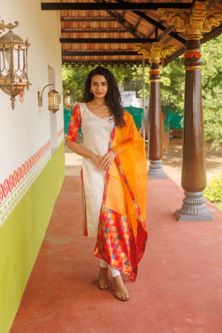 White Kurti & Multicolor dupatta| Shobitam Custom Gowns | Made To Order