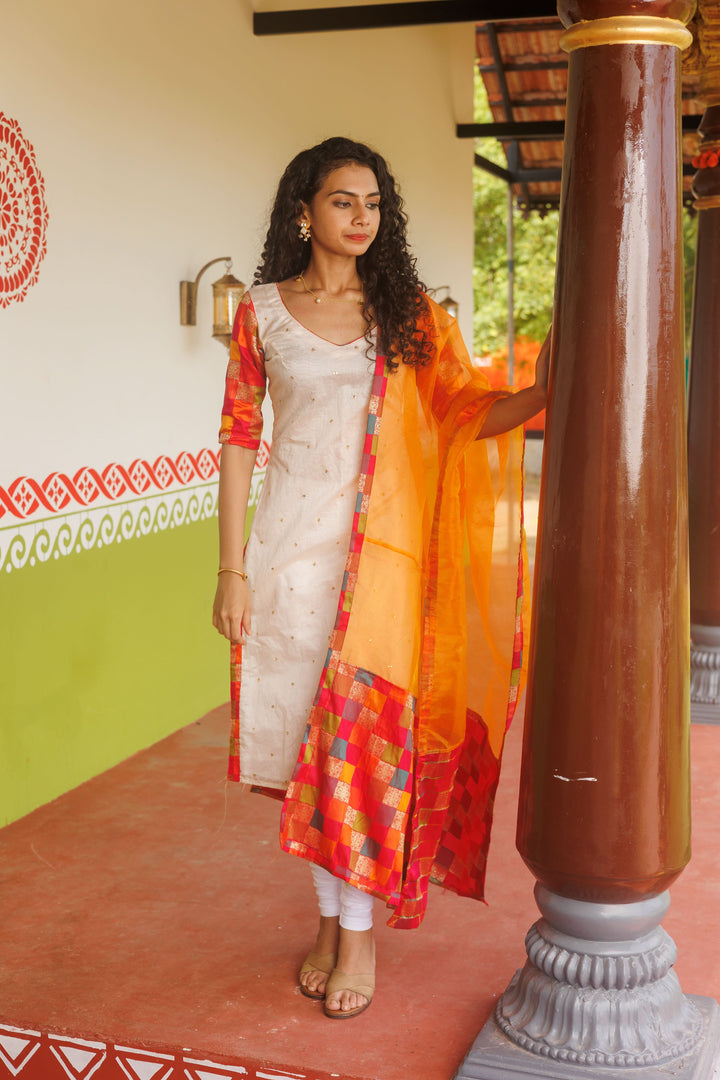White Kurti & Multicolor dupatta| Shobitam Custom Gowns | Made To Order