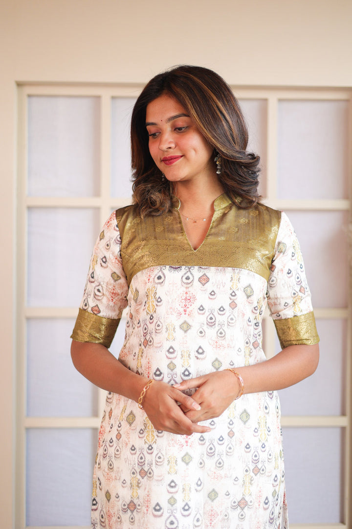 Olive Green & White Kurti Single Piece | Made To Order