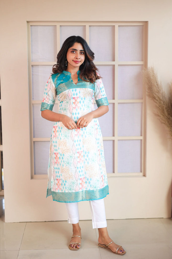 Prathiba Aqua Blue & White Kurti  Single Piece  | Made To Order
