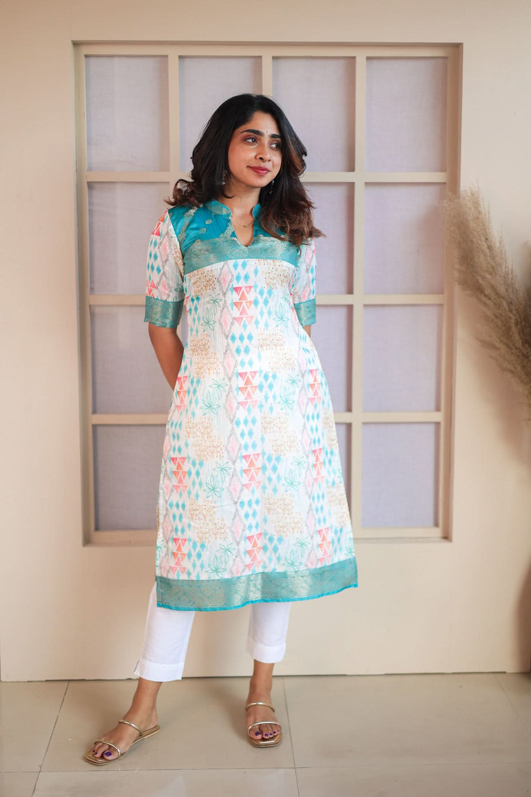 Prathiba Aqua Blue & White Kurti  Single Piece  | Made To Order