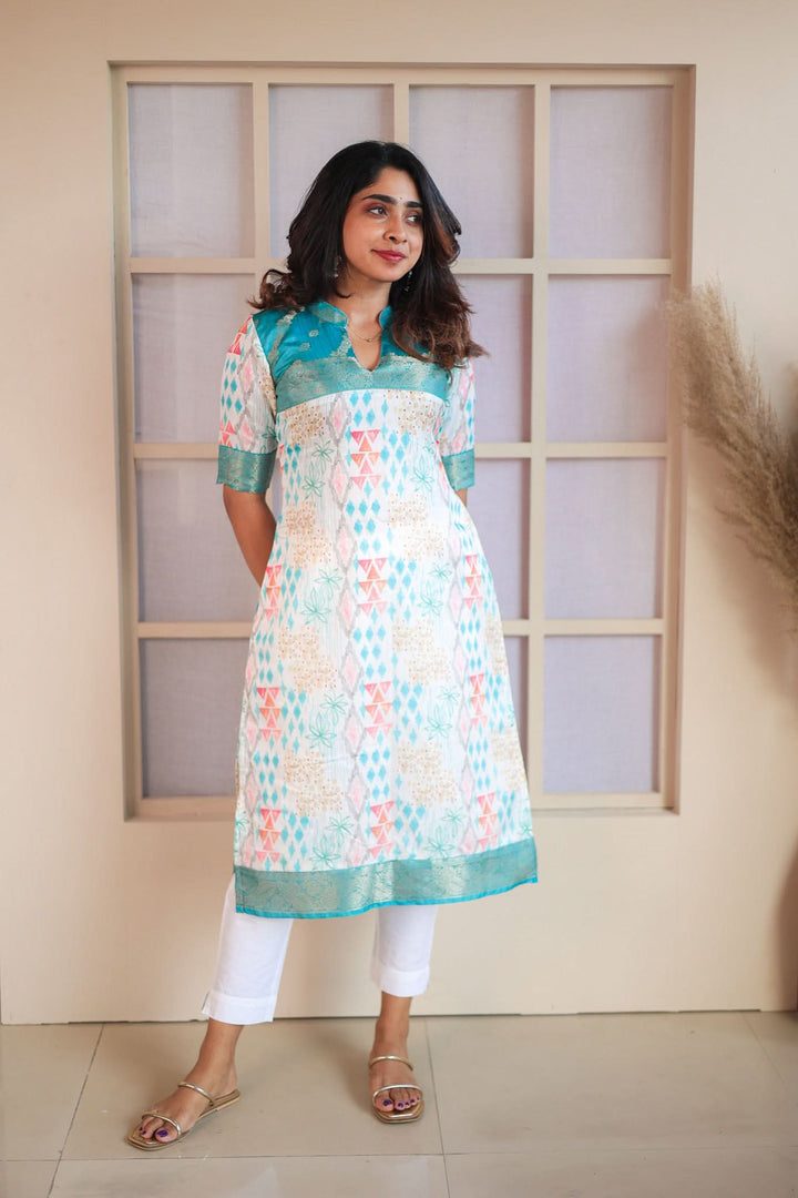 Prathiba Aqua Blue & White Kurti  Single Piece  | Made To Order