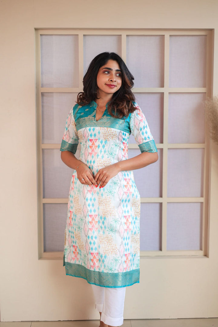 Prathiba Aqua Blue & White Kurti  Single Piece  | Made To Order