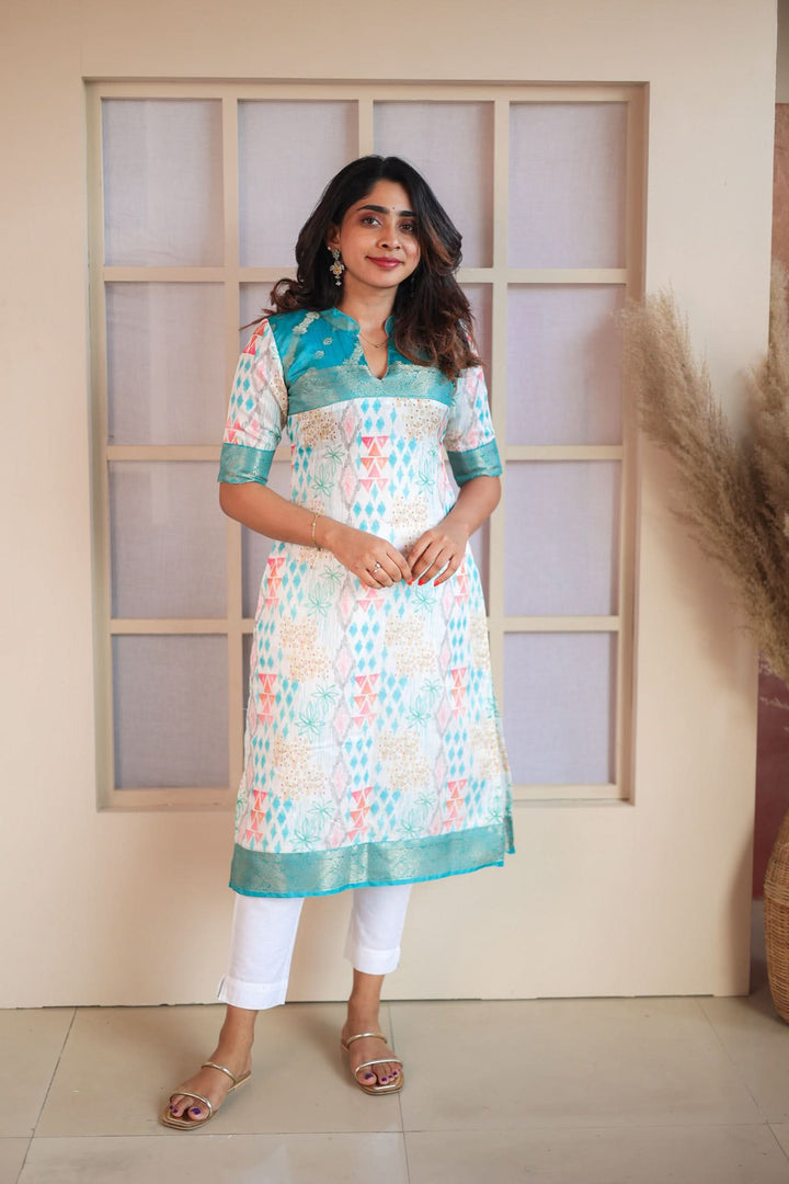 Prathiba Aqua Blue & White Kurti  Single Piece  | Made To Order