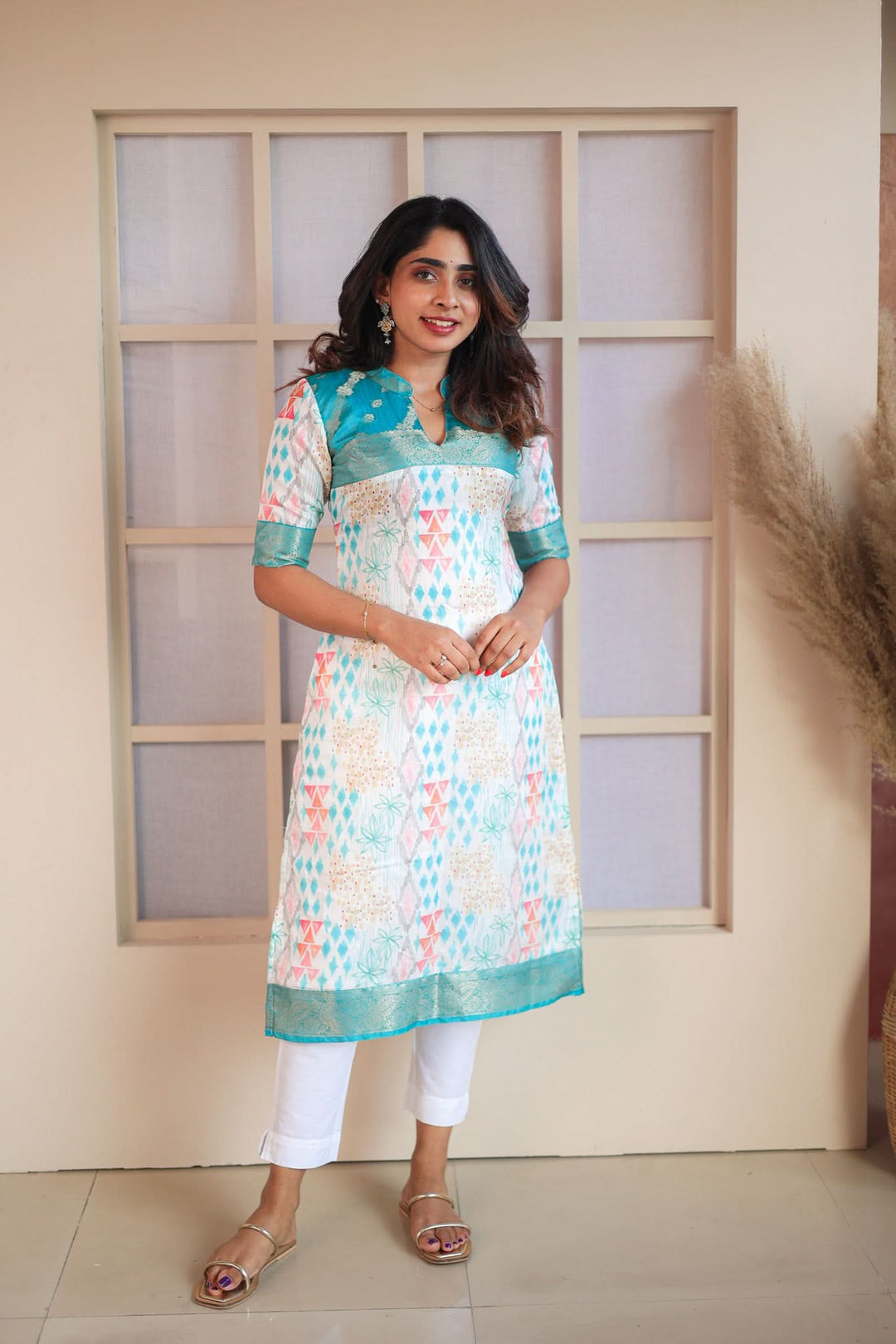 Prathiba Aqua Blue & White Kurti  Single Piece  | Made To Order