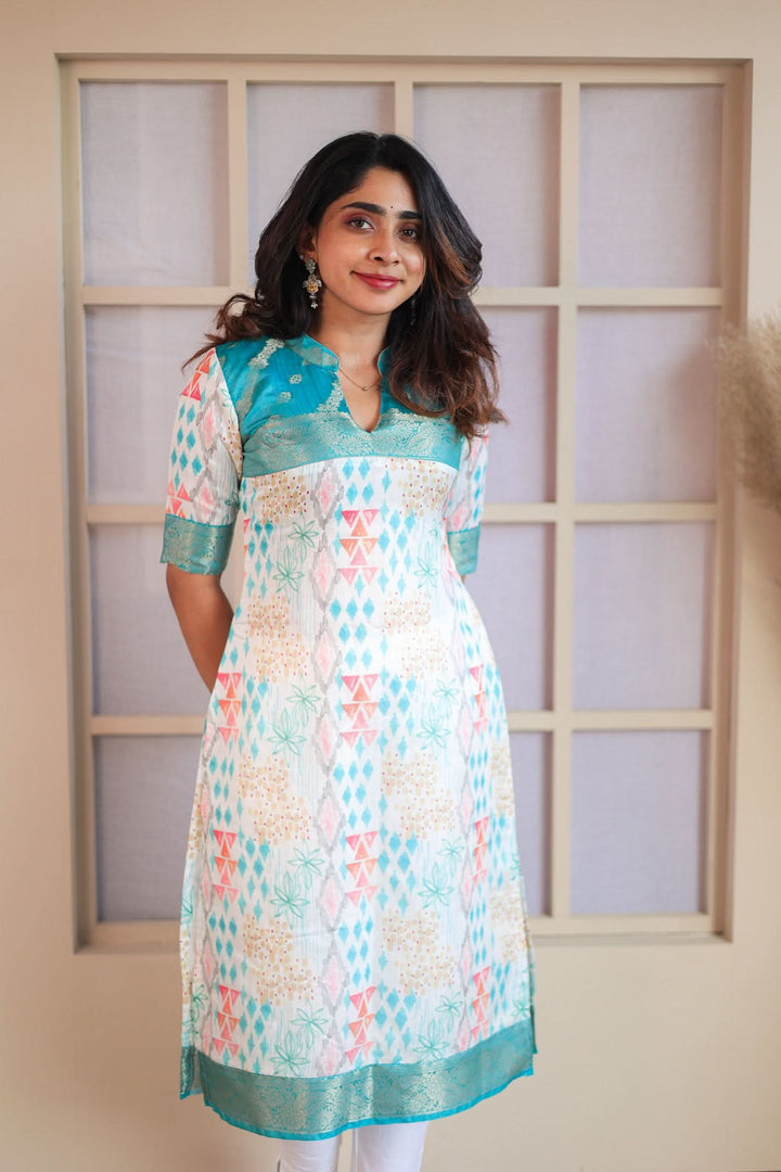 Prathiba Aqua Blue & White Kurti  Single Piece  | Made To Order
