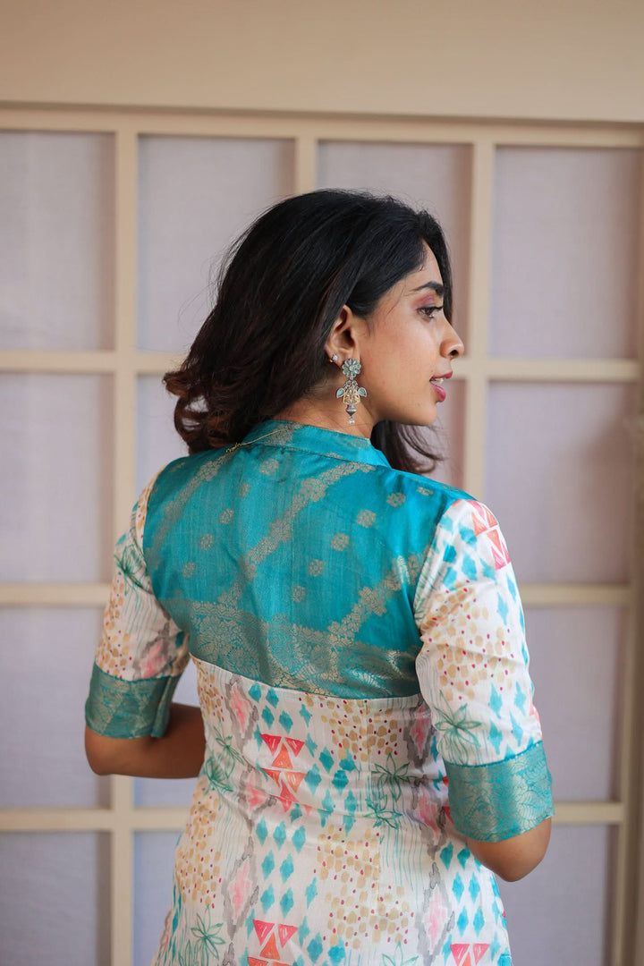 Prathiba Aqua Blue & White Kurti  Single Piece  | Made To Order