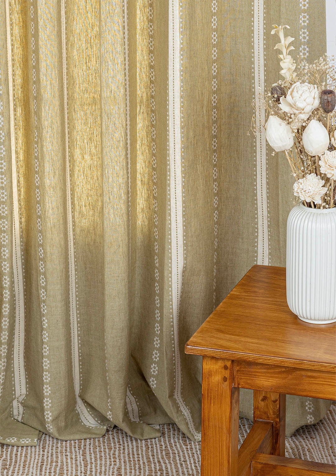 Bhumi linen cotton blend ethnic textured curtain for living room - Light reduction - Green - Single piece | SHOBITAM