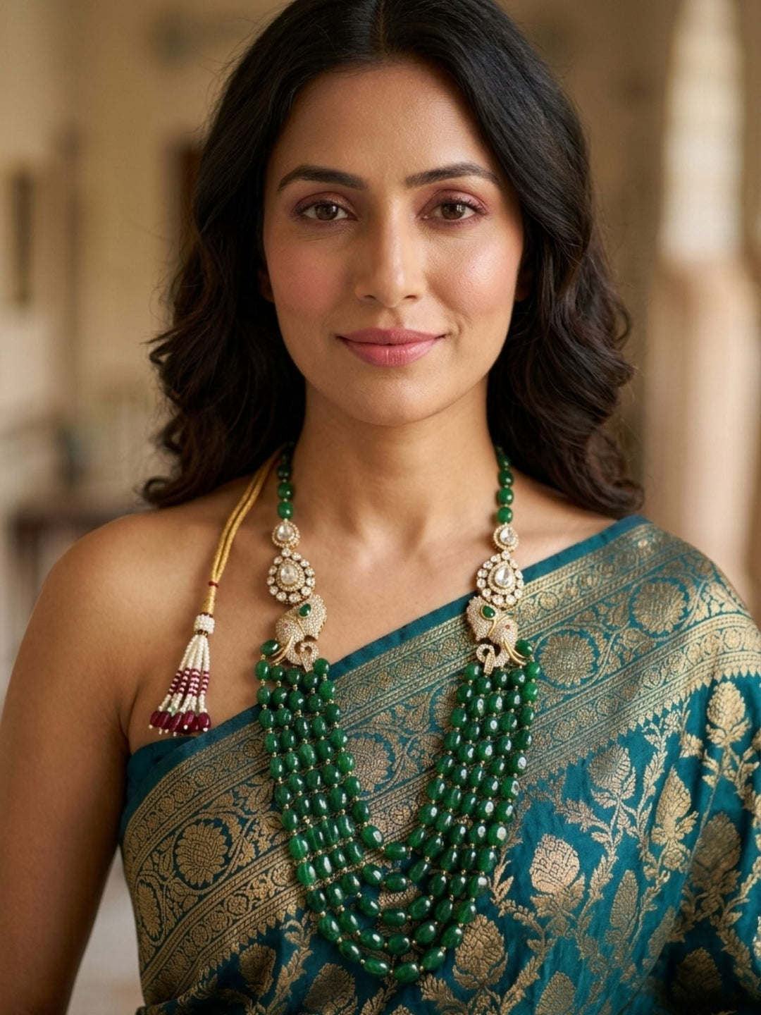 Emerald Green Beaded Polki Layered Necklace  | SHOBITAM