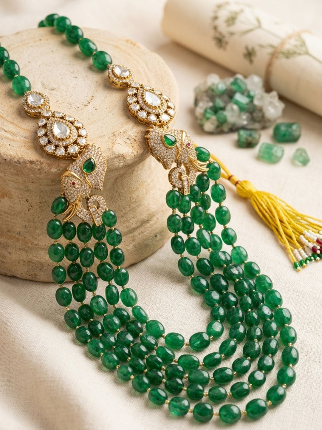 Emerald Green Beaded Polki Layered Necklace  | SHOBITAM