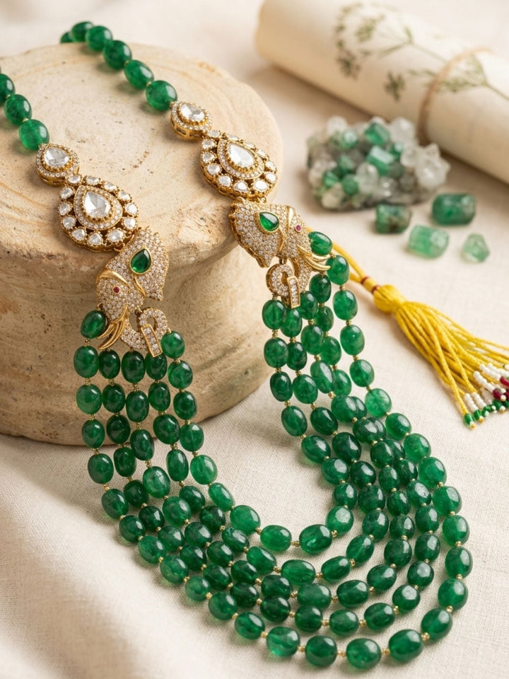 Emerald Green Beaded Polki Layered Necklace  | SHOBITAM