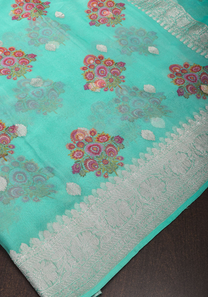Cyan Pure Silk Banarasi Chiffon Saree with Digital Floral Printing and Zari Buttas | SILK MARK CERTIFIED