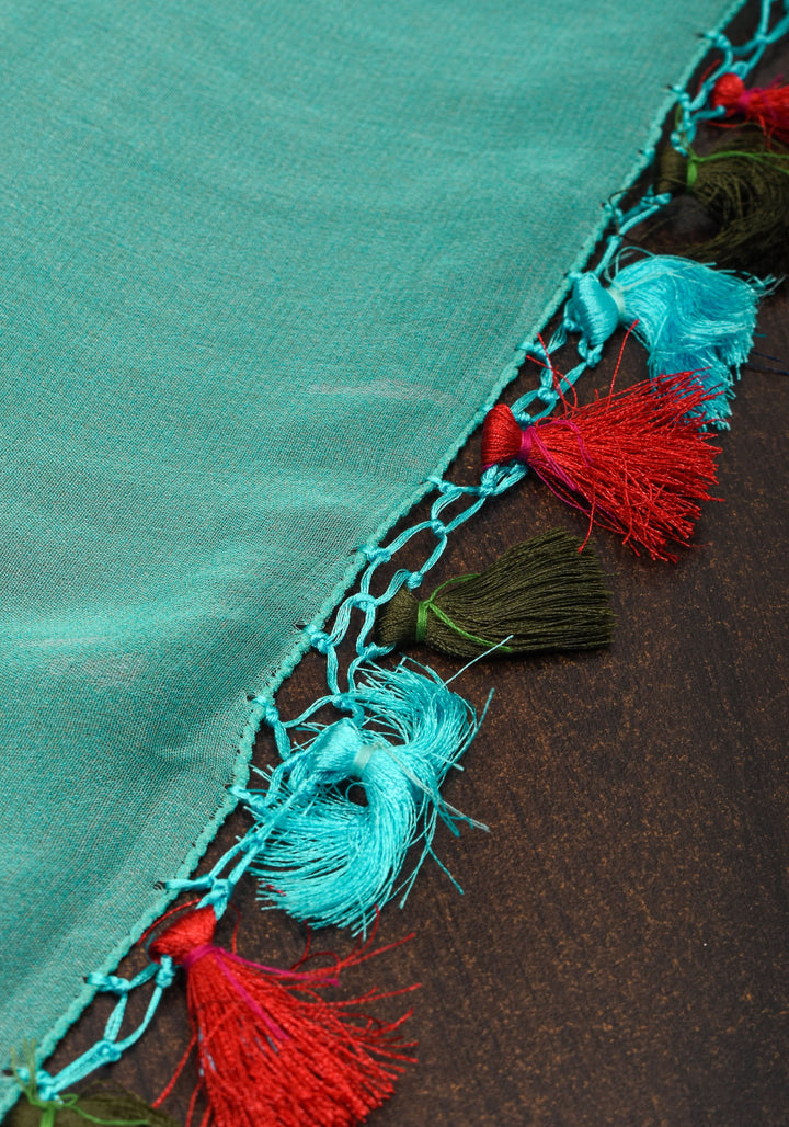 Cyan Pure Silk Banarasi Chiffon Saree with Digital Floral Printing and Zari Buttas | SILK MARK CERTIFIED