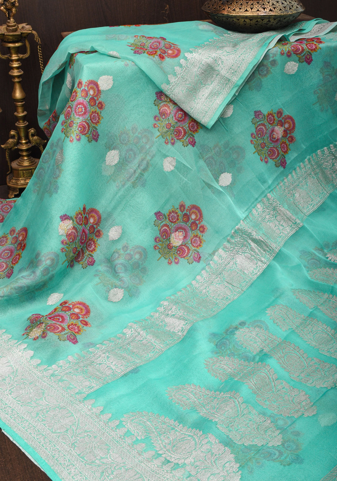 Cyan Pure Silk Banarasi Chiffon Saree with Digital Floral Printing and Zari Buttas | SILK MARK CERTIFIED