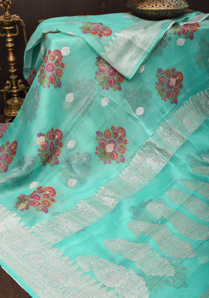 Cyan Pure Silk Banarasi Chiffon Saree with Digital Floral Printing and Zari Buttas | SILK MARK CERTIFIED