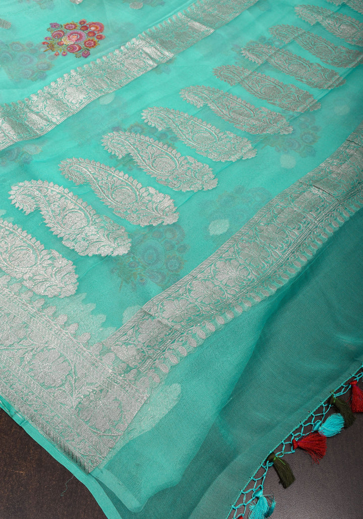 Cyan Pure Silk Banarasi Chiffon Saree with Digital Floral Printing and Zari Buttas | SILK MARK CERTIFIED
