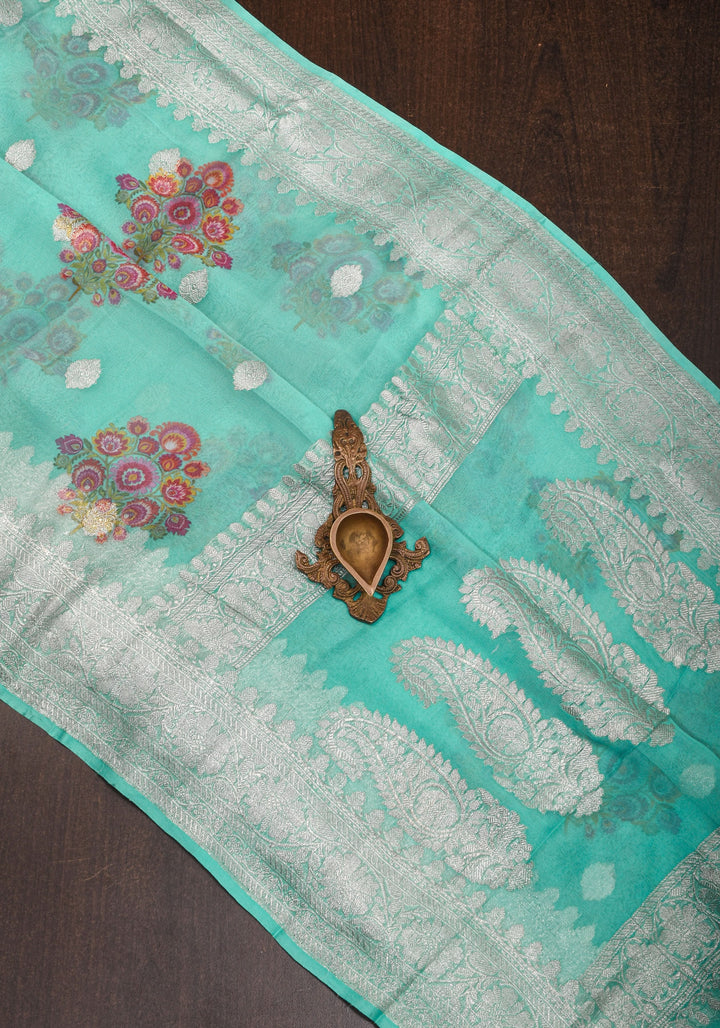 Cyan Pure Silk Banarasi Chiffon Saree with Digital Floral Printing and Zari Buttas | SILK MARK CERTIFIED
